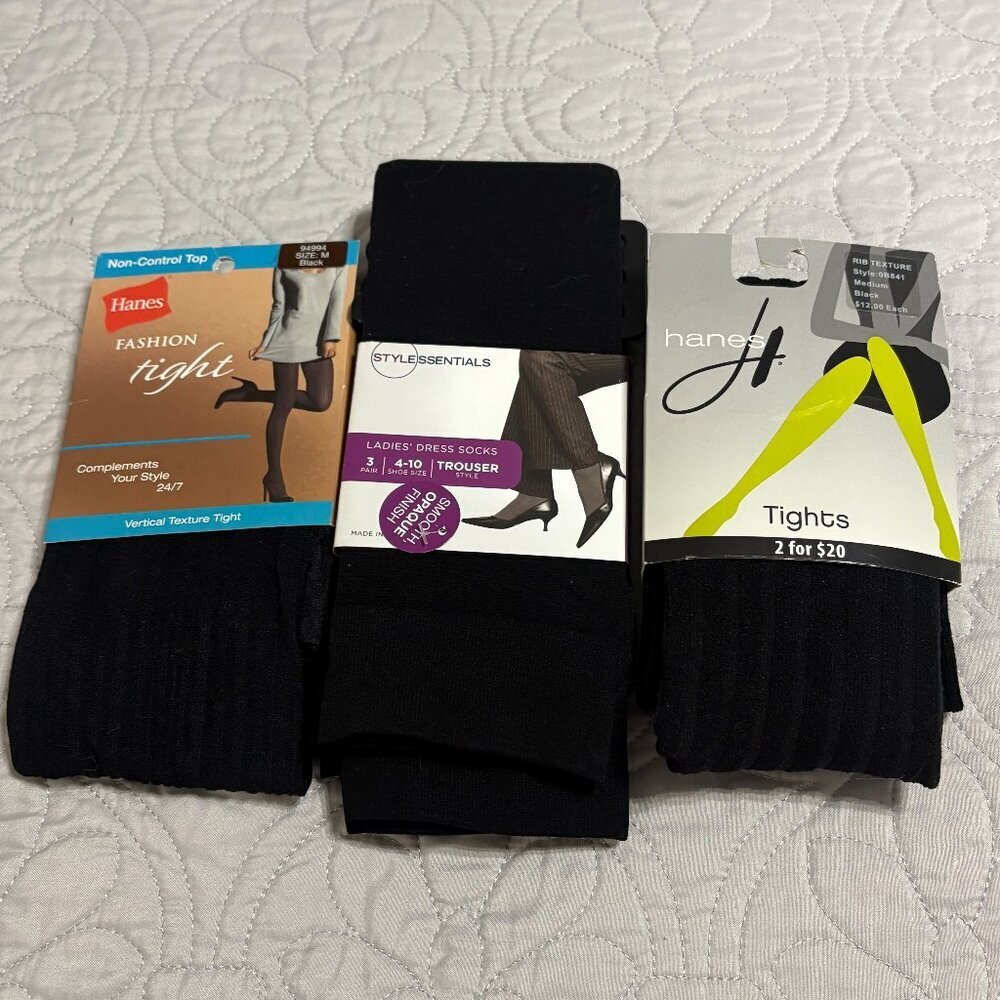 Women's Hanes Black Tights Size M & 3 pairs Style Essentials Black Socks Bundle